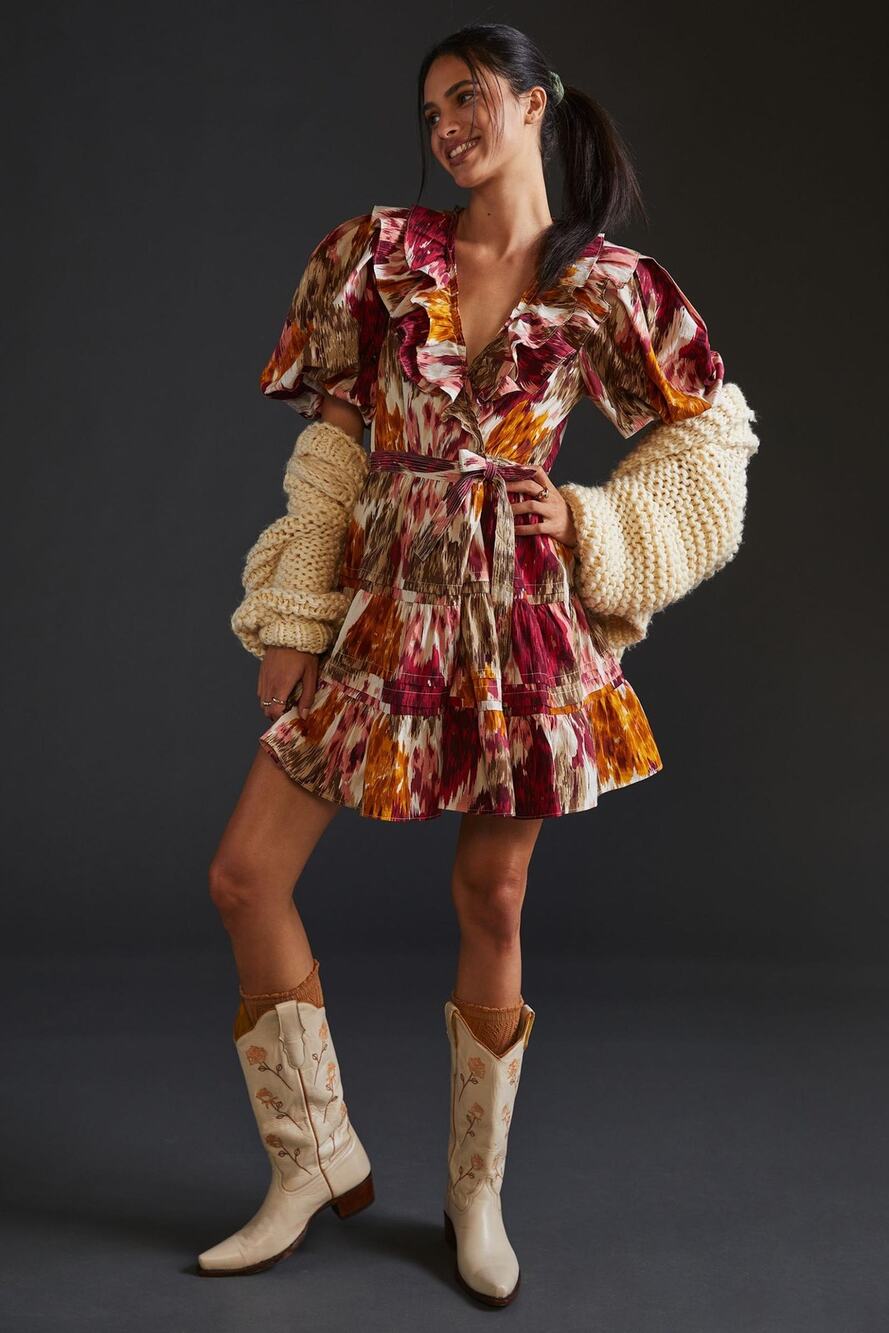 Anthropologie Love the Label Remy Ruffled Wrap Mini Dress Savannah Burgundy XL